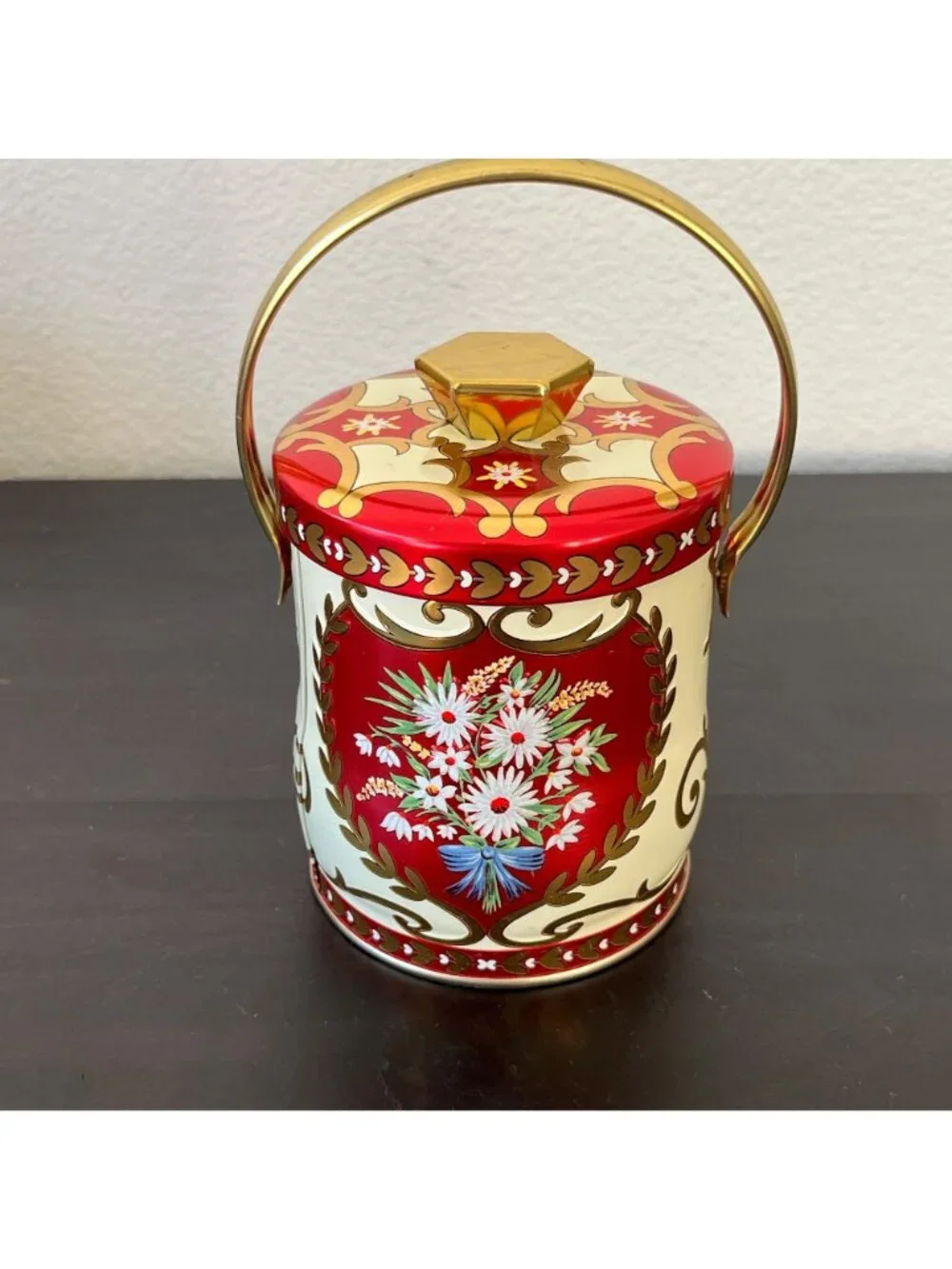 Vintage Murray Allen Handled Metal Candy Tin // Round Floral Lidded Canister // - Picture 5 of 8
